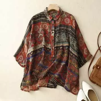Женская винтажная блузка с этническим принтом, тонкая, весна-лето, рукав «летучая мышь», свободная рубашка из рами, женские повседневные топы, все подходят XXL