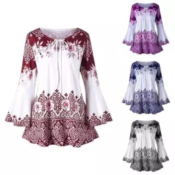 Женская винтажная блузка с цветочным принтом и расклешенными рукавами и круглым вырезом на шнуровке, повседневная футболка, топ XXXXXL синий