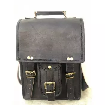 Женская винтажная черная кожаная вертикальная сумка-мессенджер через плечо для ноутбука 11 x 9 x 3 in чёрный