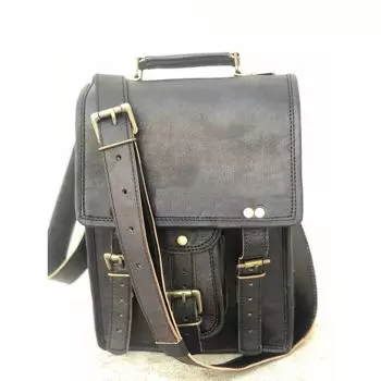 Женская винтажная черная кожаная вертикальная сумка-мессенджер через плечо для ноутбука 11 x 9 x 3 in чёрный
