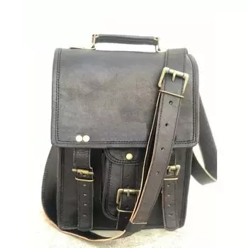 Женская винтажная черная кожаная вертикальная сумка-мессенджер через плечо для ноутбука 11 x 9 x 3 in чёрный