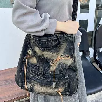 Женская винтажная джинсовая сумка через плечо на одно плечо, оригинальная большая вместительная повседневная сумка-тоут