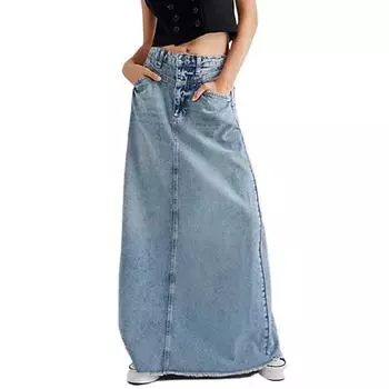 Женская винтажная джинсовая юбка макси с потертым необработанным краем и высокой талией, длинная джинсовая юбка трапециевидной формы M синий