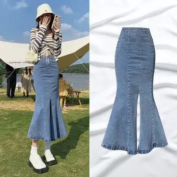 Женская винтажная джинсовая юбка с высокой талией, длинная синяя юбка осень-зима S чёрный