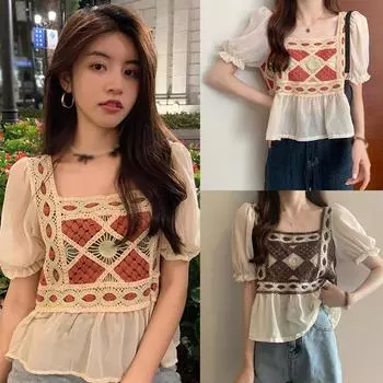 Женская винтажная футболка с полой вышивкой и пышными рукавами, футболка с коротким рукавом