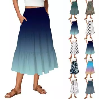 Женская винтажная градиентная струящаяся расклешенная юбка-макси с оборками S белый