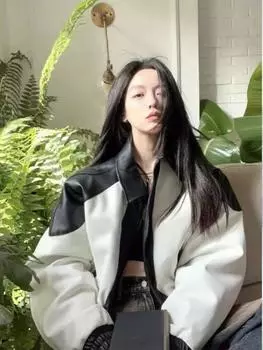 Женская винтажная китайско-шикарная черная белая контрастная куртка из искусственной кожи с отделкой из искусственной кожи весна-осень модное свободное пальто с длинным рукавом XS чёрный