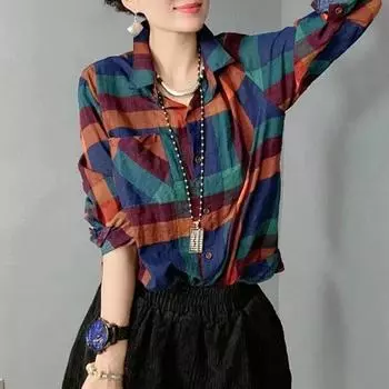 Женская винтажная классическая клетчатая хлопково-льняная рубашка на пуговицах, весенне-осенняя модная свободная блузка с длинным рукавом Y2K, уличная одежда, топы S синий