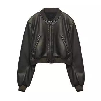 Женская винтажная куртка-бомбер из искусственной кожи, пальто, топ, женский стиль, большие размеры L чёрный