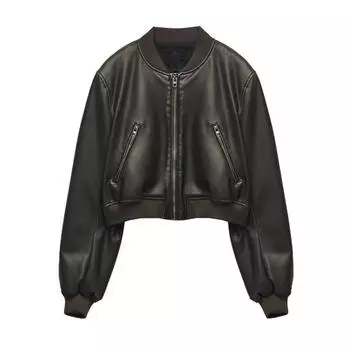 Женская винтажная куртка-бомбер из искусственной кожи, женский стиль L чёрный
