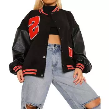 Женская винтажная куртка-бомбер с длинными рукавами и буквенным принтом, бейсбольная куртка, уличная одежда XL чёрный