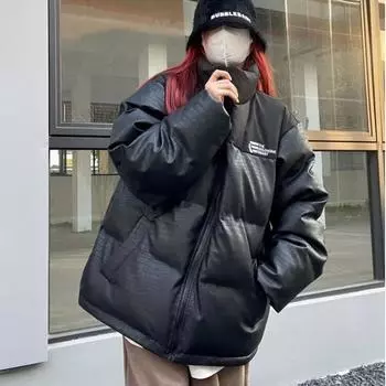 Женская винтажная куртка из искусственной кожи, хлопковая парка, черная толстая теплая зимне-осенняя куртка из искусственной кожи большого размера, верхняя одежда в корейском стиле M чёрный