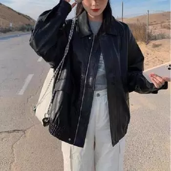 Женская винтажная куртка из искусственной кожи, уличная свободная ретро-куртка для мотоциклистов, женское пальто из искусственной кожи, осень M чёрный