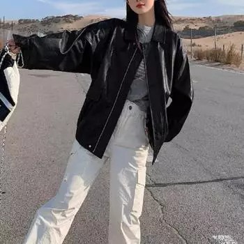 Женская винтажная куртка из искусственной кожи, уличная свободная ретро-куртка для мотоциклистов, женское пальто из искусственной кожи, осень L коричневый