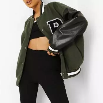 Женская винтажная куртка Varsit с длинным рукавом, свободные пальто с принтом в виде букв, бейсбольная куртка в уличном стиле L армия зеленый