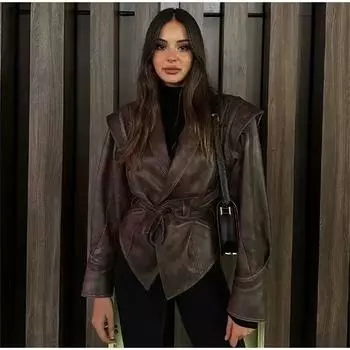 Женская винтажная куртка весна-осень однобортное пальто с длинными рукавами и V-образным вырезом на шнуровке женское модное пальто в стиле High Street S коричневый