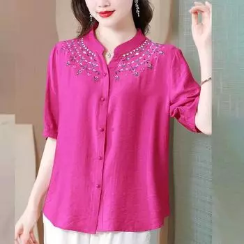 Женская винтажная модная вышитая элегантная рубашка на пуговицах, летняя свободная хлопковая льняная блузка с коротким рукавом, женские повседневные однотонные топы M зелёный
