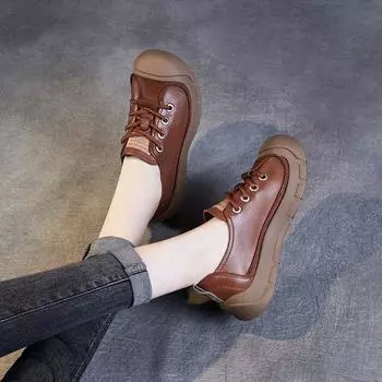 Женская винтажная обувь из натуральной кожи с круглым носком и шнуровкой на плоской подошве. Универсальная женская обувь в стиле ретро с мягкой подошвой. 35 коричневый