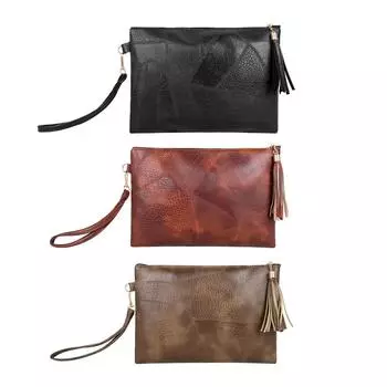 Женская винтажная однотонная сумка-конверт, повседневная сумка на запястье из искусственной кожи с кисточками # F чёрный