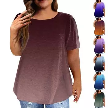 Женская винтажная плиссированная повседневная футболка с градиентом и коротким рукавом, пуловер больших размеров, базовый топ XXXXXL