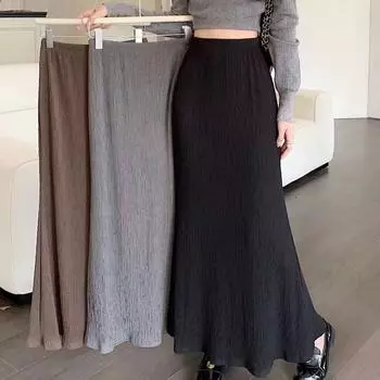 Женская винтажная плиссированная юбка весна-осень с высокой талией, длинные юбки миди, черные, серые S чёрный