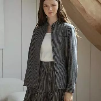 Женская винтажная полосатая рубашка Johnature, весенняя свободная рубашка с воротником-стойкой, кардиган, повседневные темно-синие топы S тёмно-синий