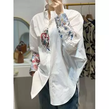 Женская винтажная принтованная рубашка с длинным рукавом, свободная блузка, рубашка больших размеров 3XL