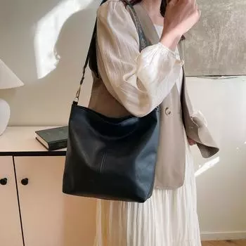 Женская винтажная простая сумка-ведро из искусственной кожи, большая вместимость, сумка на молнии, регулируемый плечевой ремень, сумка через плечо