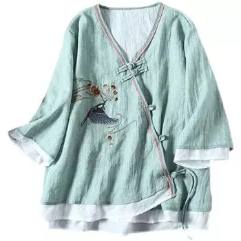 Женская винтажная рубашка из смеси хлопка и льна с вышивкой, V-образным вырезом и пуговицами из бисера M белый