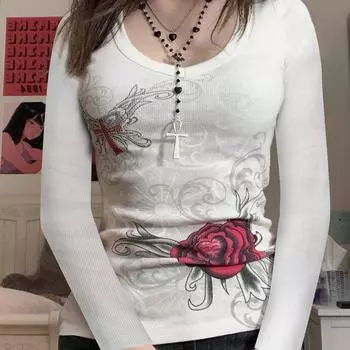 Женская винтажная рубашка с длинным рукавом и принтом роз, укороченный топ с V-образным вырезом, облегающая футболка L белый