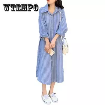Женская винтажная рубашка в контрастную полоску, праздничное платье, весеннее тонкое повседневное платье длиной до колена с длинными рукавами XXL