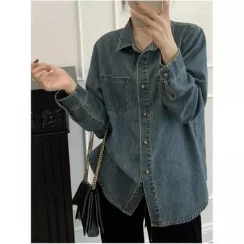 Женская винтажная состаренная джинсовая рубашка, однотонный прямой дизайн, многослойный топ XL