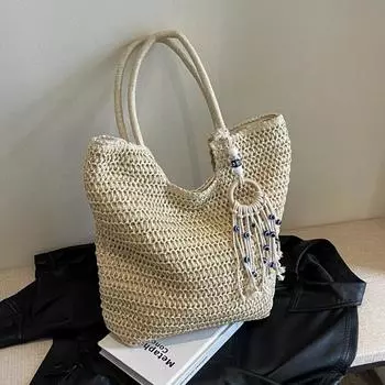 Женская винтажная сумка через плечо, большая вместимость, плетеная пляжная сумка, однотонная дорожная сумка, женская летняя повседневная сумка-тоут 28x12x39cm хаки