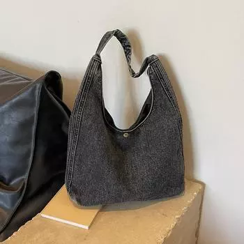 Женская винтажная сумка через плечо, джинсовая сумка большой емкости, однотонная универсальная сумка для покупок, женская повседневная сумка для поездок на работу темно-синий