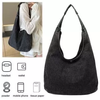 Женская винтажная сумка через плечо, джинсовая сумка большой емкости, однотонная универсальная сумка для покупок, женская повседневная сумка для поездок на работу чёрный