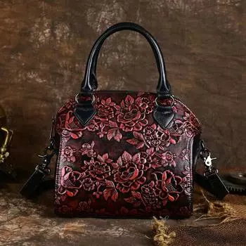 Женская винтажная сумка Johnature из натуральной кожи с тиснением и цветком, универсальные сумки на плечо из воловьей кожи красный