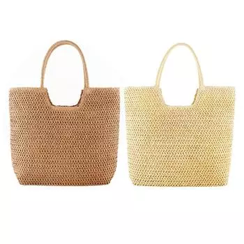 Женская винтажная сумка на плечо, большая вместительная пляжная сумка крючком, однотонная тканая дорожная сумка, женская летняя повседневная сумка светло-коричневого