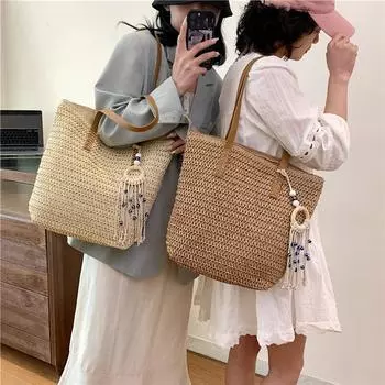 Женская винтажная сумка на плечо, большая вместительная пляжная сумка крючком, однотонная тканая дорожная сумка, женская летняя повседневная сумка 39x11x35cm бежевый