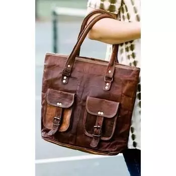 Женская винтажная сумка ручной работы из козьей кожи, женская сумка через плечо, кошелек-тоут 16 x 12 x 4 in коричневый