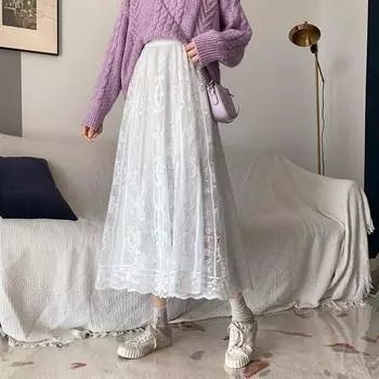 Женская винтажная свободная однотонная юбка А-силуэта на весну и лето, юбка-полутор, кружевная юбка с большим подолом, юбка-полутор 4XL