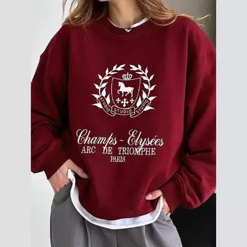 Женская винтажная свободная повседневная толстовка с капюшоном с принтом, модная, большого размера, с длинным рукавом и круглым вырезом, весна-осень, уличная одежда S бордовый