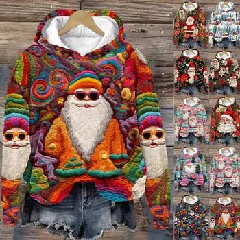 Женская винтажная толстовка с принтом Санты с длинными рукавами и рождественским капюшоном, топы с капюшоном, женская одежда для женщин S