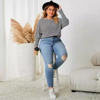 Женская винтажная трикотажная рубашка с круглым вырезом в полоску с длинным рукавом, свободная повседневная рубашка, мягкая дышащая, удобная рубашка, пуловер, модный топ для работы, отдыха, плюс топ XL чёрный