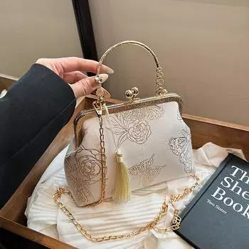 Женская винтажная вечерняя сумочка с кисточкой, замком-поцелуем, клатч с верхней ручкой, сумка на цепочке, сумки через плечо, женская вечерняя сумочка для свадьбы, выпускного вечера