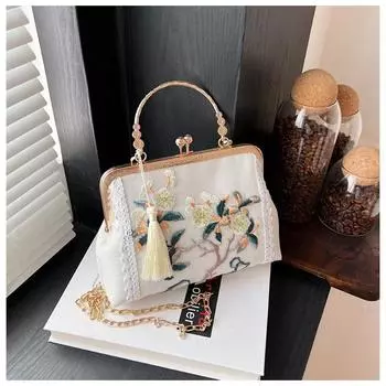 Женская винтажная вышитая вечерняя сумочка с ручкой сверху, клатч, сумка через плечо с цепочкой, вышитая бахрома, вечерняя сумочка для свадьбы, выпускного вечера белый