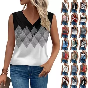 Женская винтажная жилетка с цветным лоскутным принтом, летняя футболка на пуговицах с V-образным вырезом, свободный модный топ без рукавов L чёрный