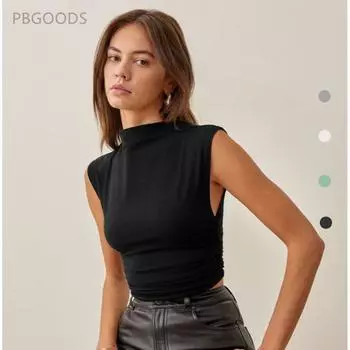 Женская водолазка без рукавов, элегантный жилет, плиссированная универсальная короткая основа S чёрный