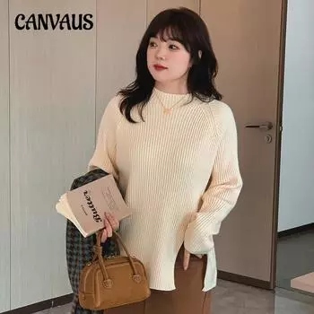 Женская водолазка большого размера с разрезом снизу и свитер-пуловер XL чёрный