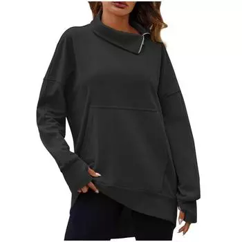 Женская водолазка на молнии, свободная повседневная однотонная толстовка с длинным рукавом, легкая свободная туника M чёрный