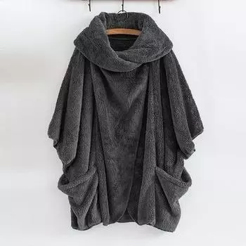 Женская водолазка-накидка с большими карманами, пушистое пончо, зимние теплые накидки S чёрный